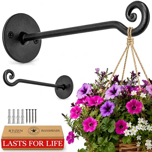 RTZEN Plant Hangers Outdoor or Indoor - Wrought Iron Metal Hanger Indoor Hook - Heavy Duty Wall Bracket Hooks for Hanging Plants Baskets Lanterns Bird Feeders - 2 Pack (Black Swirl Hooks 7.5") - size: 7.5 Inch, style: Swirl Hooks