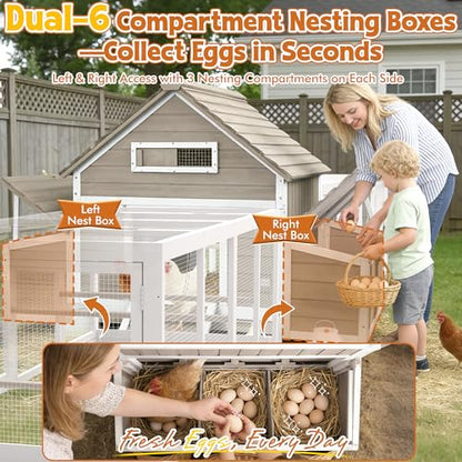 Ketive Extra Large Chicken Coop with 2 Runs for 8–10 Chickens Outdoor Wooden Hen House Poultry Cage with 6 Nesting Boxes, Dual Ramp Doors, Slide-Out Tray & Curved Roof (198.6" L x 38" W x 40.2" H) - size: 198.6"L x 38.0"W x 40.2"H