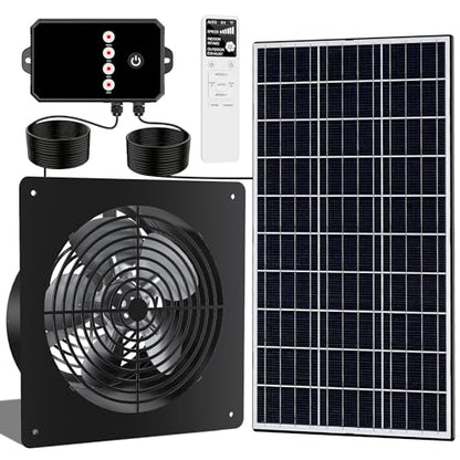 10-Inch 15W Solar Fan with Timer & Remote, Reversible Intake Exhaust Vent System for Chicken Coop, Greenhouse & Shed, Aluminum 6-Speed Airflow with 17ft Cable