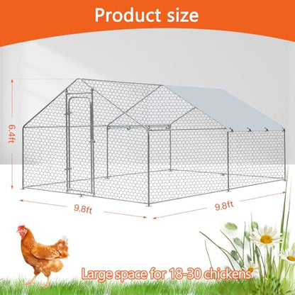 Outdoor Metal Chicken Coop Large Walk-in Poultry Cage Spire-Shaped Chicken Run with Waterproof and Anti-Ultraviolet Cover for Outside,Backyard and Farm,9.8' L*9.8' W*6.4' H - size: 117.6"L x 117.6"W x 76.8"H