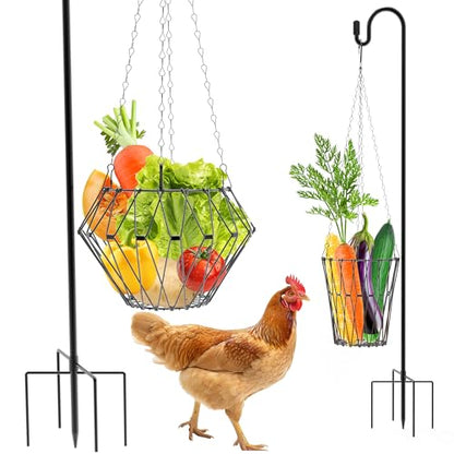 Hanging Chicken Feeder with Shepherd's Hook, Foldable Chicken Vegetable Fruits Feeder, Poultry Feeding Holder Basket with Hanging Chain for Chicken Coop Accessory - style: 1 Pack with Shepherds Hook