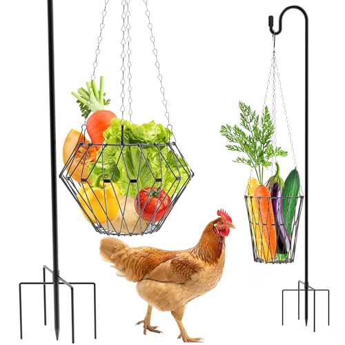 Hanging Chicken Feeder with Shepherd's Hook, Foldable Chicken Vegetable Fruits Feeder, Poultry Feeding Holder Basket with Hanging Chain for Chicken Coop Accessory - style: 1 Pack with Shepherds Hook