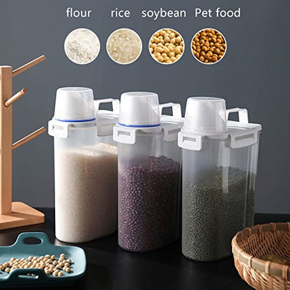 2 Pcs 5.5 LB Rice Storage Container, Airtight Cereal Flour Dispenser with Pouring Spout & Measuring Cup, Kitchen Plastic Clear Dry Food Storage Bin for Grain Oatmeal Snacks Pet Dog Food | Airtight Lid, with Pouring Spout & Measuring Cup, Storage Dry Food