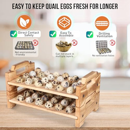 Stackable Wooden Quail Egg Holder Countertop-Expandable Storage Rack with 4 Bonus Egg Cups | Solid Wood Tray with Secure Interlocking Dowels for 48 Fresh Quail & Pigeon Eggs (Single or Multi-Tier Use)