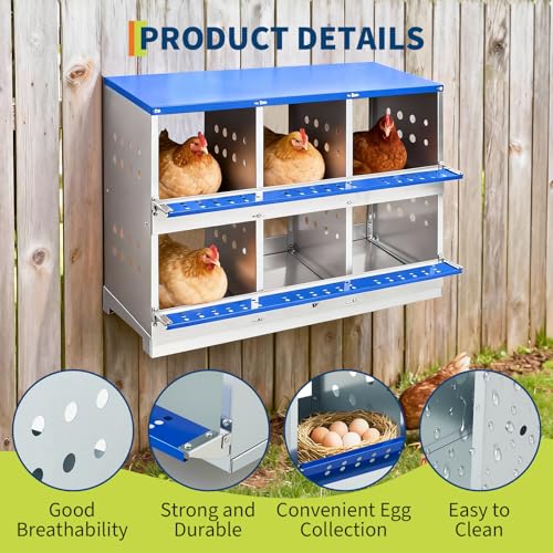 Chicken Nesting Box, 6 Compartment Nesting Boxes for Chickens, Durable Galvanized Steel, Ventilated with Dot Holes, Non-Slip, Wall Mountable Nesting Boxes for Chicken, Partitioned Design, Blue - size: 6 Compartment