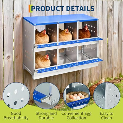 Chicken Nesting Box, 6 Compartment Nesting Boxes for Chickens, Durable Galvanized Steel, Ventilated with Dot Holes, Non-Slip, Wall Mountable Nesting Boxes for Chicken, Partitioned Design, Blue - size: 6 Compartment