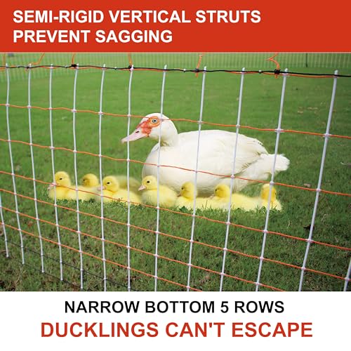 Electric Premium Poultry Netting Fence 59”H x 98.5’L - Versatile Portable Electric Fencing for Flying Chicken Sheep Goats Deer Hogs Dogs, Used in Backyards Homesteaders Farms and Ranches, PK1 - size: 59”H x 98.5’L x 1