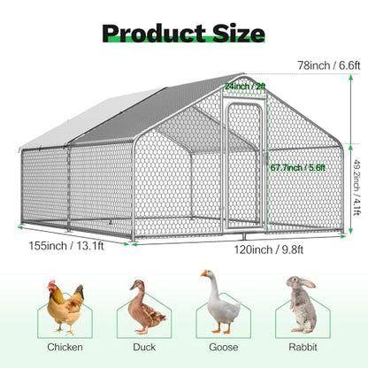 Homgava Large Metal Chicken Coop,13.1'L x 9.8'W x 6.6'H Chicken Run,Walk in Chicken Pen with Cover for Yard,Large Poultry Cage for Duck Rabbit - size: 155.0"L x 120.0"W x 78.0"H