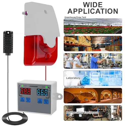 Hygrometer Thermometer Alarm, 12V High/Low Temperature and Humidity Monitor, 0~120dB Adjustable Audible/Visual Thermostat Controller with External Output Option for Room/Grow Tent/Farm/Cellar/Reptile