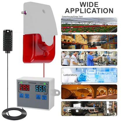 Hygrometer Thermometer Alarm, 12V High/Low Temperature and Humidity Monitor, 0~120dB Adjustable Audible/Visual Thermostat Controller with External Output Option for Room/Grow Tent/Farm/Cellar/Reptile