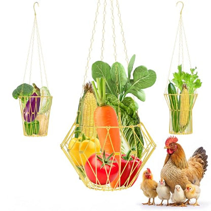 Hanging Chicken Feeder, Foldable Chicken Vegetable Feeder, Golden Poultry Fruits Feeding Holder Basket with Hanging Chain, Veggie Treat Ball Toys Cage for Chicken Hen Coop Accessories - color: Hanging Chicken Feeder