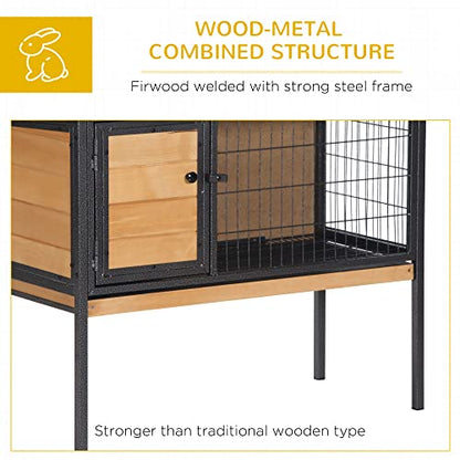 PawHut Rabbit Hutch Elevated Bunny Cage Small Animal Habitat with Metal Frame, No Leak Tray, Metal Wire Pan, Openable Water-Resistant Asphalt Roof for Rabbits, Chickens, Ducks, Indoor/Outdoor Natural - color: Natural Wood