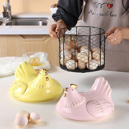 Chicken Egg Basket, Chicken Egg Holder, Black Wire Chicken Egg Collection Baskets with Ceramic Lid and Handle for Gathering Fresh Eggs, Farmhouse Style Egg Storage Container for Kitchen(Red) - color: Red