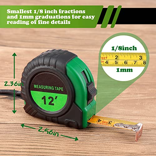 Xinnun 20 Pieces Tape Measures Bulk 12 FT Green Retractable Measuring Tapes Small Easy Read Measurement with Pause Buttons for Adults Engineer Contractors Decorator, Standard Inches and Metric