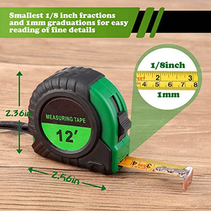 Xinnun 20 Pieces Tape Measures Bulk 12 FT Green Retractable Measuring Tapes Small Easy Read Measurement with Pause Buttons for Adults Engineer Contractors Decorator, Standard Inches and Metric