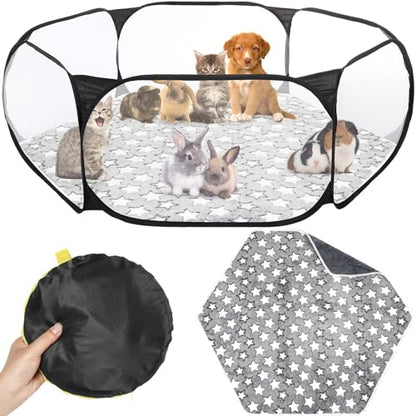 VitalCozy Hamster Playpen with Mat Small Animal Cage Tent Breathable Transparent Guinea Pig Playpen Waterproof Portable Yard Fence Mat Foldable Exercise Playpen Outdoor Indoor (Black,Star) - color: Black