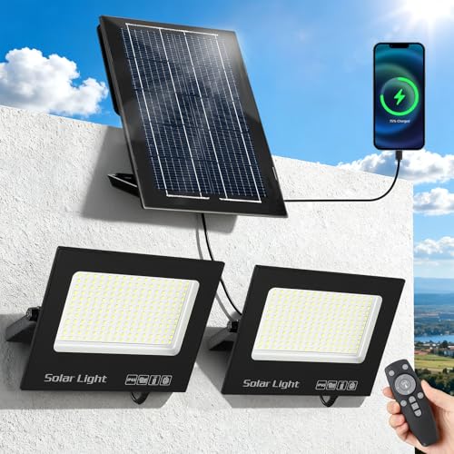 Solar Flood Lights Outdoor, Solar Lights with Dual LED Head & USB Output Charger, 15000LM 6500K Split Type Street Lights, Dusk to Dawn Outdoor Lighting for Yard Shed, Solar & Type-C Rechargeable