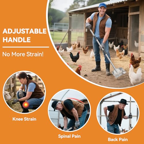 Chicken Poop Scooper: 2-in-1 Rake & Sifter - Silver Chicken Poop Shovel for Sand with Adjustable Stainless Steel Handle (35-59") for Small Spaces