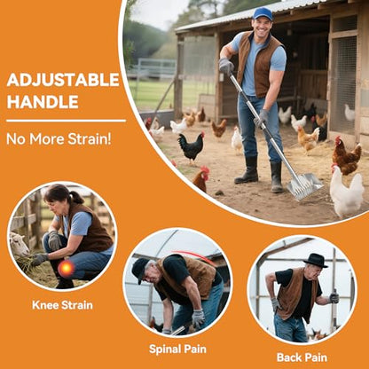 Chicken Poop Scooper: 2-in-1 Rake & Sifter - Silver Chicken Poop Shovel for Sand with Adjustable Stainless Steel Handle (35-59") for Small Spaces