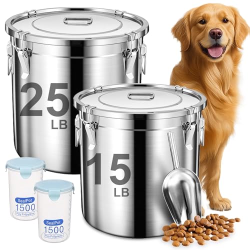 Newget Dog Food Storage Containers, Large Stainless Steel Pet Food Storage Containers 38 lb / 17 kg to Keep Fresh, Metal Airtight Cat Food Containers With Scoop and 2 Small Containers - size: 38 lb