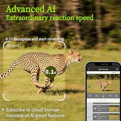 Trail Camera, No WiFi Needed Security Camera, 355° PTZ Outdoor Camera with 12X Zoom, Monitor Anywhere, Color Night Vision, PIR Motion Detection, 7800mAh Battery，IP66