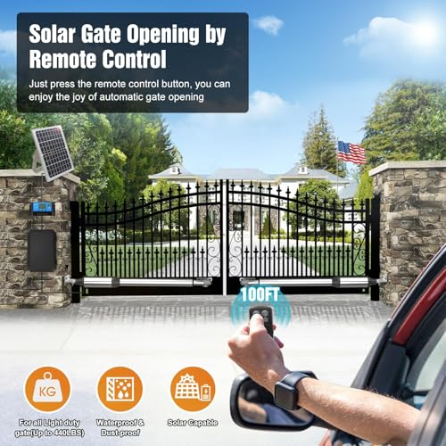 JUJIANG C01 Solar Gate Opener with Batteries & Solar Panel for Dual Swing Gates Up to 440lb 12FT per Arm Automatic Gate Opener with Remote Complete Kit Light Duty Automatic Gate Openers Solar Powered - style: 440lb Solar Dual Gate Opener