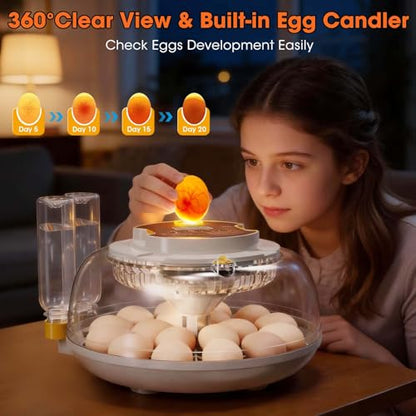 18 Egg Incubator with Automatic Egg Turning & Humidity Control, Built-in Egg Candler, 360° View Window & Dual-Size Trays for Chicken, Duck, Quail, Goose Eggs – Ideal for Farm, Classroom, Home