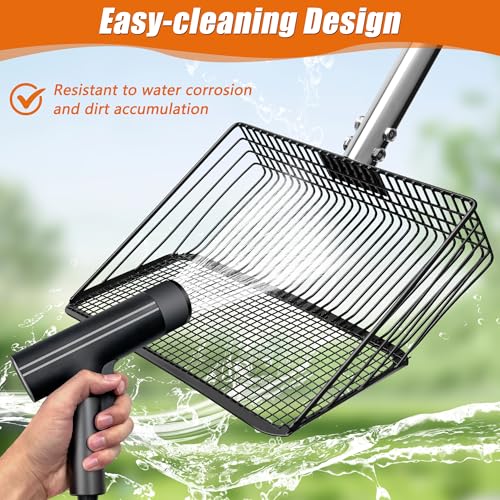 10 Inch Large Metal Chicken Poop Scooper with Adjustable 24–68 Inch Stainless Steel Handle, Heavy Duty Litter Sifting Shovel for Chicken Coop, Cat Litter, Yard, Farm Cleaning Tool