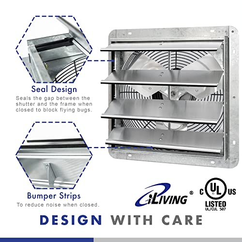 iLIVING 16" Wall Mounted Shutter Exhaust Fan, Automatic Shutter, with Thermostat and Variable Speed controller, 0.85A, 1200 CFM, 1800 SQF Coverage Area Silver (ILG8SF16V-ST) - style: Plugin Thermostat & Speed Controller