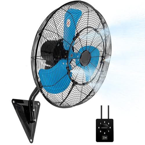 20 Inch Wall Mount Fan with Mist, Powerful Airflow Oscillating Fans | Max 7100CFM Heavy Duty Industrial Wall Mounted Fan with 17.5FT Misting Hose for Garage, Factory, Patio, Greenhouse, Porch - color: 20" Blue-Misting
