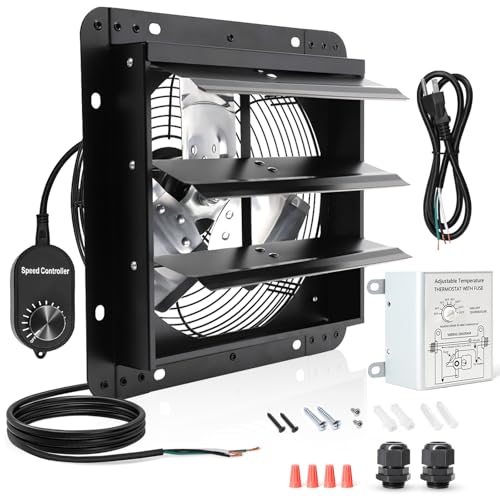 Shutter Exhaust Fan with Thermostat & Speed Control, 970 CFM,1700RPM, Upgrade 12 inch Wall Mount Attic Vent Fan for Chicken Coops, Greenhouse, Gable, Barn, Garage, Shed Ventilator - color: With Speed Control & Thermostat, size: 12inch