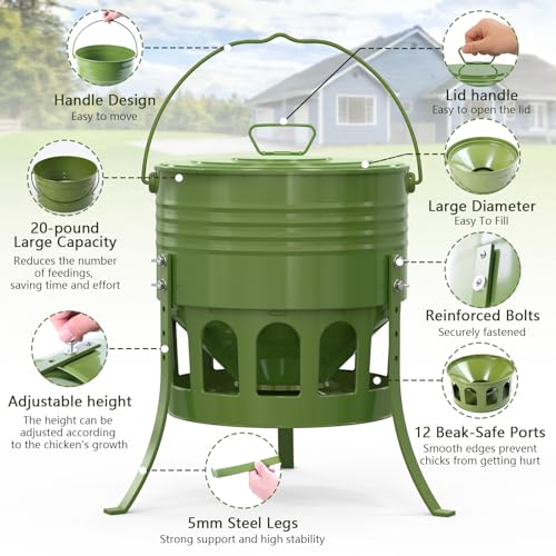 Metal Chicken Feeder No Waste, 20 Lbs Large Automatic Chicken Feeder with 12 Ports, Adjustable Height Poultry Feeder with Lid & Handle, Rat Proof Rust Proof Feed Box for Poultry & Backyard Chickens