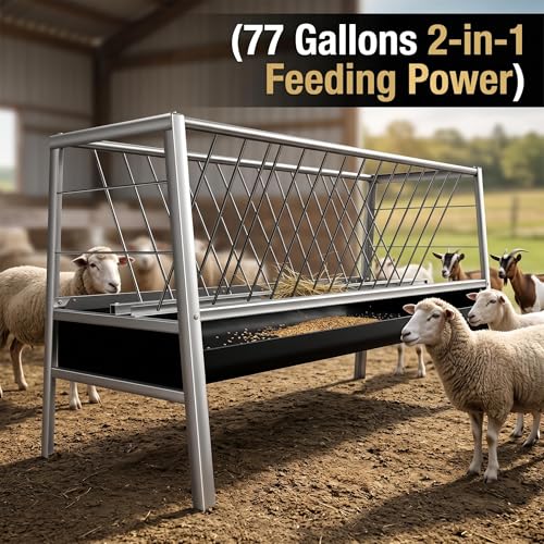 77 Gallon Anti-Waste Hay Feeder, Rustproof Stainless Steel Livestock Feeder with Rubber Trough, Sturdy Farm Feeding Equipment for Goats, Sheep, Calves, Horses