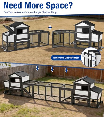 Chicken Coop with Run Mobile Large Chicken Coop with Wheels Duplex Chicken Cage with Slide-Out Tray Waterproof Roof Outdoor Backyard Hen House Black and White - color: Black and White