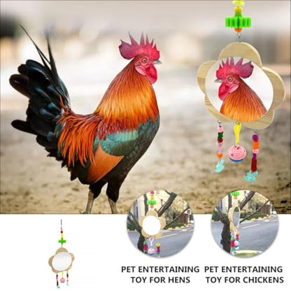 Wooden Hanging Hen Mirror with Bells Recyclable Natural Wood Chicken Cage Accessory for Pet Hens and Roosters Random Color