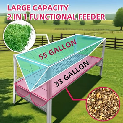 59" Livestock Hay Feeder 88 Gallon, Stainless Steel 2-in-1 Pasture Feeder Feeds 18 Goats, Durable Hay Rack with 7" Deep Feed Pan, Indoor & Outdoor Feeder for Sheep, Calf, Cow, Miniature Horse, Farm