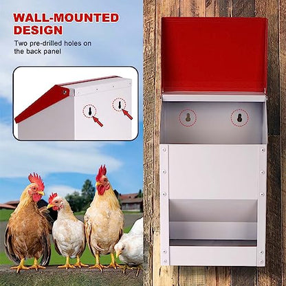 Automatic Metal Chicken Feeder Galvanized Poultry Feeder with Lid Outdoor Wall Mount Chicken Food Dispenser Gravity Fed Chicken Feeder Weatherproof No Waste Quail Duck Feeder (10LBS)