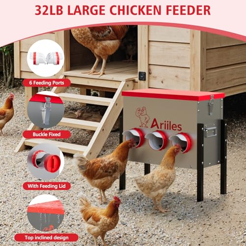 Automatic Chicken Feeder Box, 40lb Capacity, 6 No-Waste Ports, Metal Poultry Feeder with Covered Lid & Elevated Stand, Feed Dispenser for Chickens, Ducks & Backyard - size: 40 LB