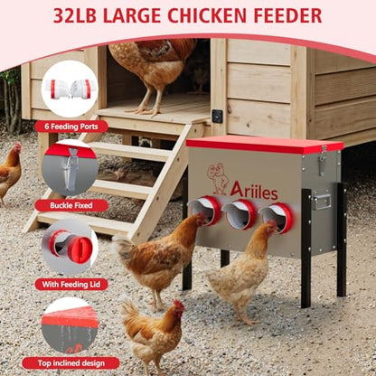 Automatic Chicken Feeder Box, 40lb Capacity, 6 No-Waste Ports, Metal Poultry Feeder with Covered Lid & Elevated Stand, Feed Dispenser for Chickens, Ducks & Backyard - size: 40 LB