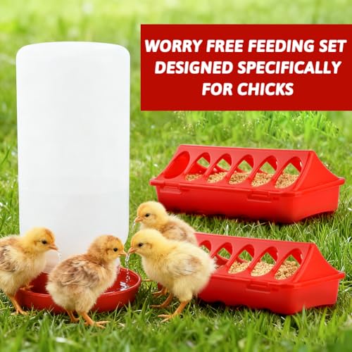 Chick Feeder and Waterer Set, 3 pcs 12 Hole Trough Feeders with Low-Spill Waterer for Baby Chicks or Ducklings Small Poultry, Brooder Coop Supplies Baby Chick Starter Kit (Color:Red)