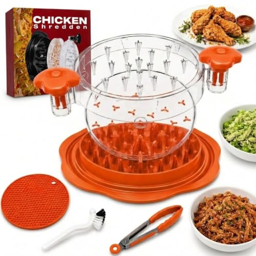 Large Chicken Shredder Tool with Suction Base 2026 – Twist Meat Shredder with Ergonomic Handle & Anti-Slip Grip – Transparent Lid for Easy Shredding Chicken & Beef (Orange) - color: Orange