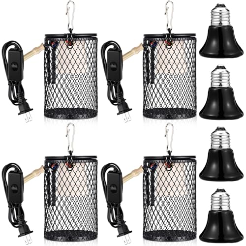 Retisee 4 Pcs Reptile Heat Lamp with Guard Bird Cage Heater 100w Ceramic Bulb Anti-scalding Heat Lamp Holder Bulb Short Grid Cage with Anti-bite Hook and Power Switch for Parrot Lizards Snakes Chicks