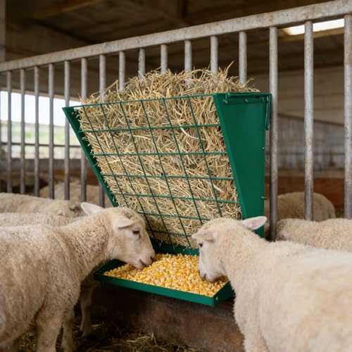 GarveeLife Wall Mount Hay Feeder for Goats, 2 in 1 Hay Rack, Heavy Duty Galvanized Steel Livestock Feeder with Adjustable Distance, Hanging Feeders for Goats, Sheep, Horse - color: Dark green