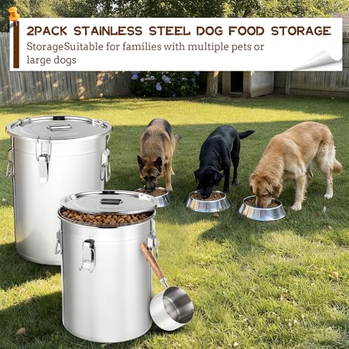 Lounsweer 2 Pack Stainless Steel Dog Food Storage Container with Lid and Locking Clamp Metal Airtight Container Large Stainless Steel Bucket with Food Scoop for Pet Feed(17 L) - size: 17 L