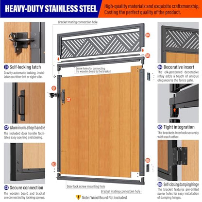 4x6FT (46.78"W X 70.8"H) 201 Stainless Steel Anti Sag Wooden Fence Gate Kit Heavy Duty Garden Gate Frame Hardware Kit Reinforcement (Left/Right Free-Installation) - size: W4xH6 FT-Geometric