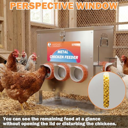 55LBS Automatic Chicken Feeder No Waste 5 Ports Metal Poultry Feeder with Adjustable Legs Perspective Window Latch & Handle for Chickens Bantams Pheasants - size: 5 Ports - 55 LBS