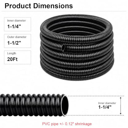 1-1/4 Inch Pond Tubing, 20ft Black Corrugated Flexible PVC Pond Hose with 4 Stainless Steel Hose Clamps, Kinkproof and Strong for Pond Pump Fountain Garden Waterfall. - size: 1-1/4" ID, style: 20 ft