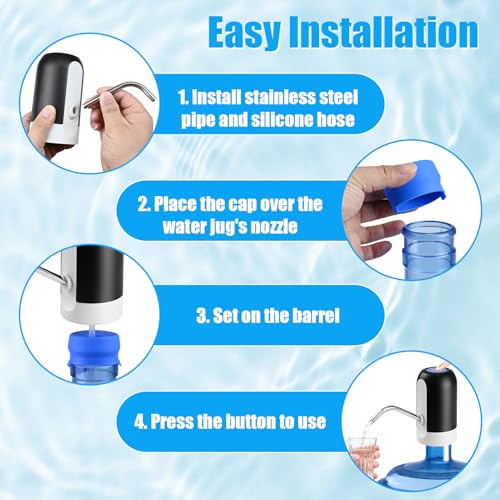CHIVENIDO 5 Gallon Water Dispenser - Water Bottle Pump with Reusable Cap for Screw Top or Crown Tops, USB Charging Water Jug Dispenser for Universal 2-5 Gallon Bottle - color: Black