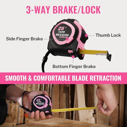 WORKPRO 25-FT Tape Measure with Fractions, 3 Brakes Retractable Measuring Tape, Compact Measurement Tape with Magnetic Hook, Nylon Coating Blade Accuracy 1/32”, Pink - style: 25-FT