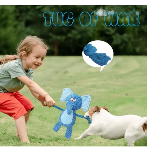 Cotton Rope Squeaky Dog Toy with Crinkle Paper – Interactive Plush Chew Toy for Small & Medium Puppies, Elephant Design - color: Blue